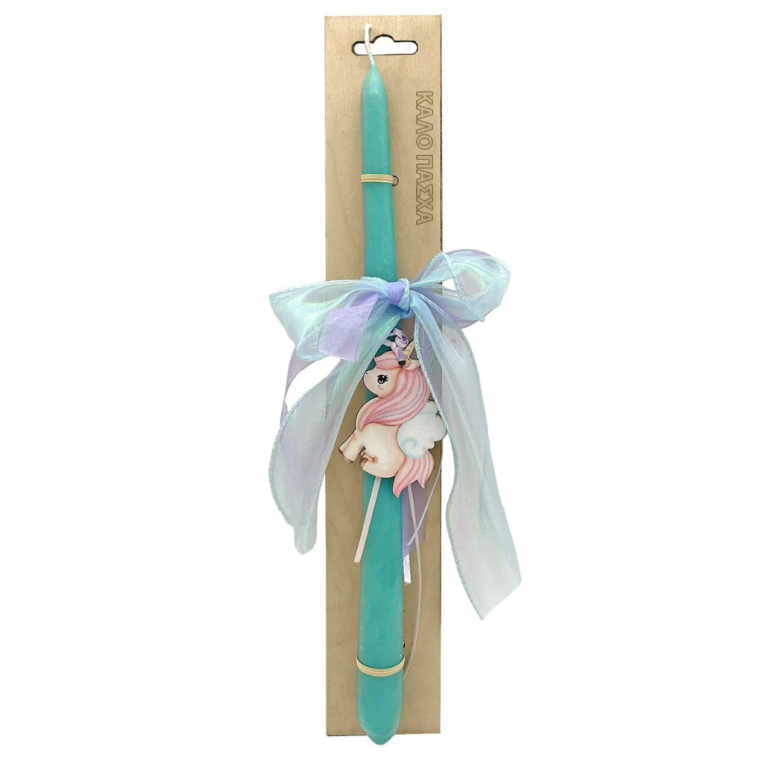 Παιδική Λαμπάδα Τιρκουάζ με Ξύλινο Μονοκεράκι & Φιόγκο Οργάντζας 35cm Παιδική Λαμπάδα Τιρκουάζ με Ξύλινο Μονοκεράκι & Φιόγκο Οργάντζας 35cm