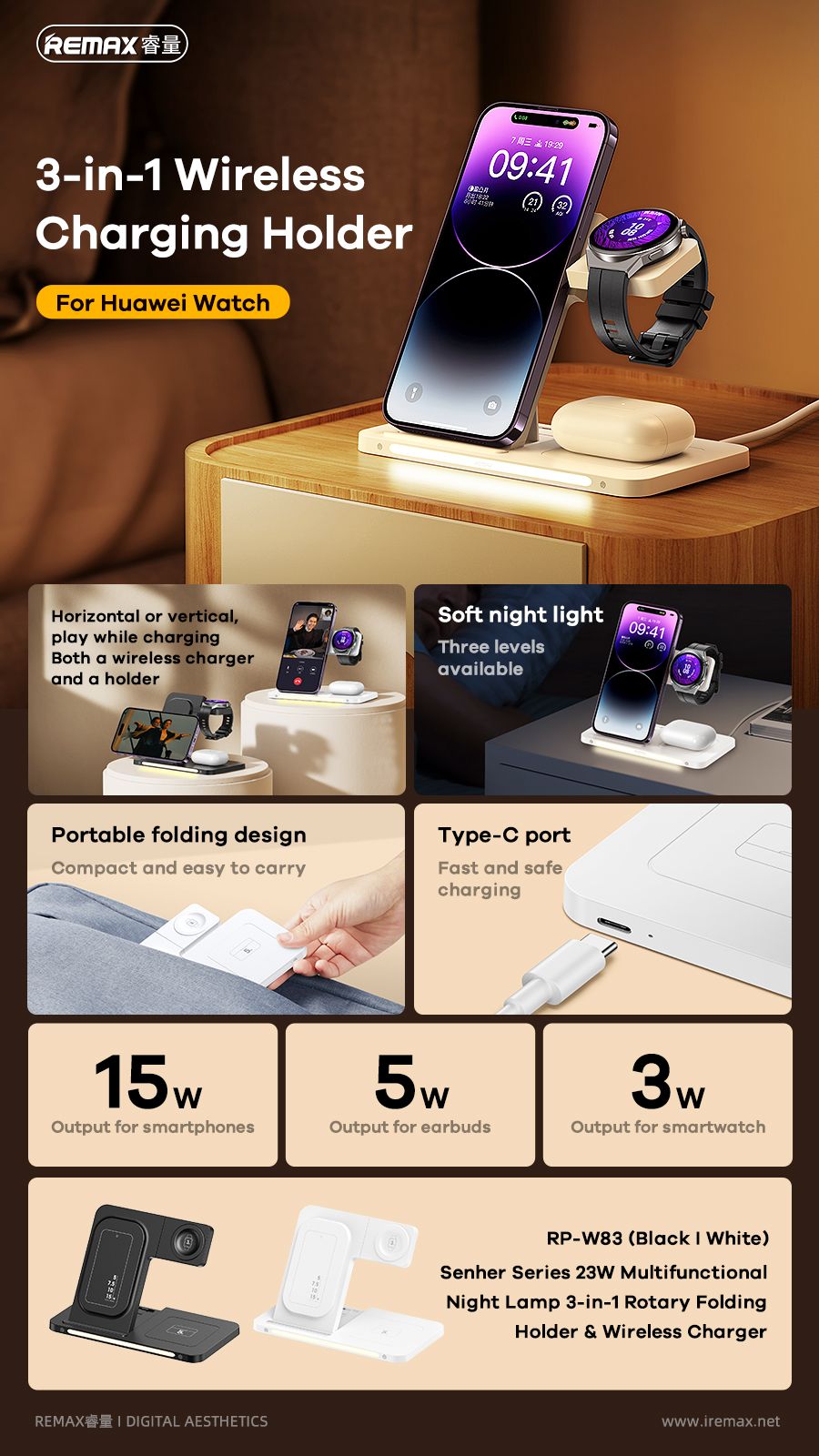 Περιστροφική Αναδιπλούμενη Βάση & Ασύρματος Φορτιστής με Λαμπτήρα Νύχτας 3 σε 1 - Remax Λευκό Περιστροφική Αναδιπλούμενη Βάση & Ασύρματος Φορτιστής με Λαμπτήρα Νύχτας 3 σε 1 - Remax Λευκό