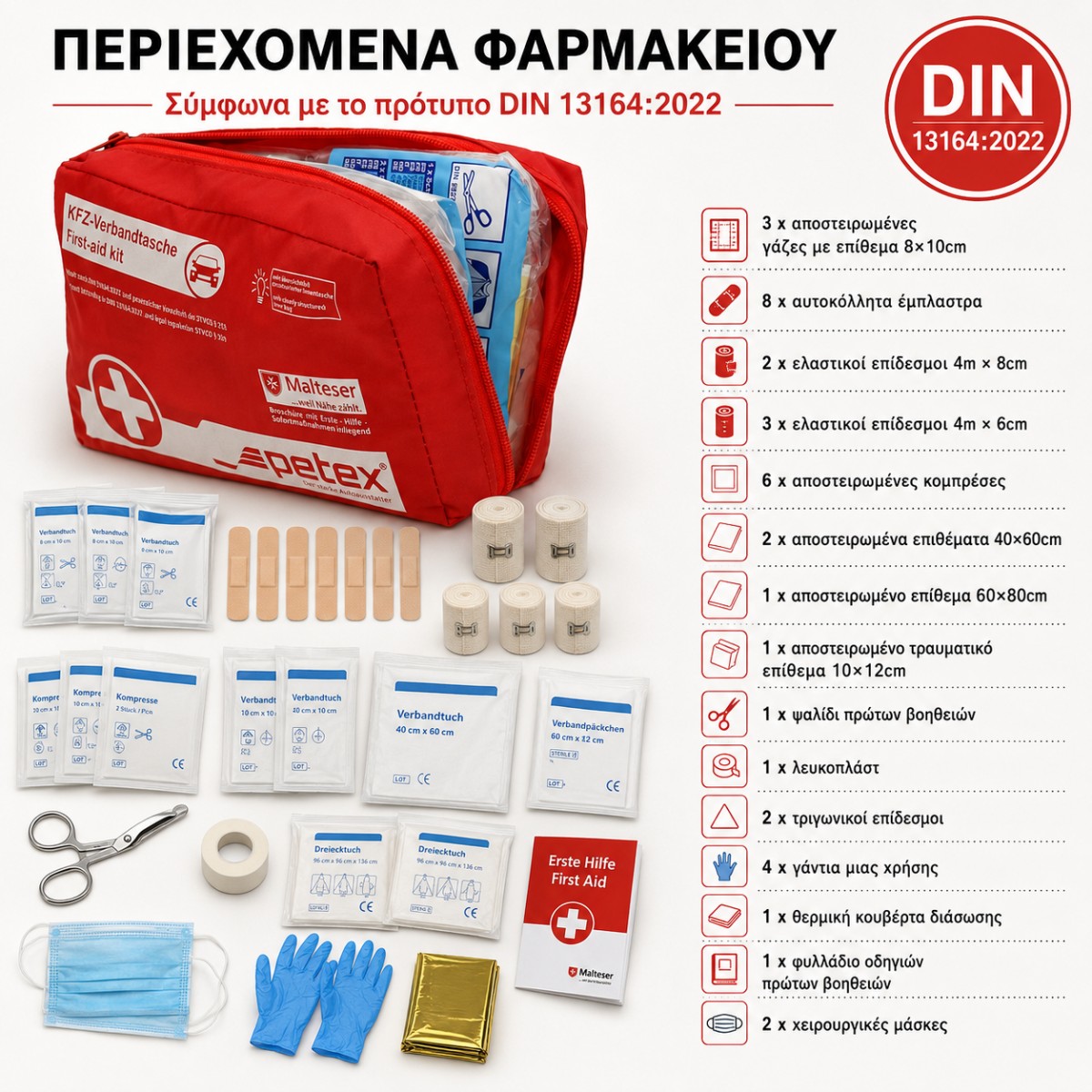 Πιστοποιημένο Φαρμακείο Αυτοκινήτου Petex DIN 13164:2022 – Πλήρες Σετ Πρώτων Βοηθειών Πιστοποιημένο Φαρμακείο Αυτοκινήτου Petex DIN 13164:2022 – Πλήρες Σετ Πρώτων Βοηθειών