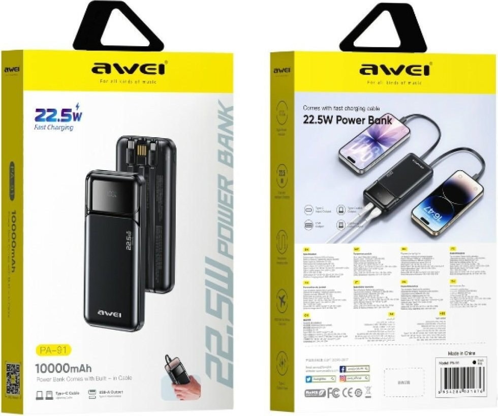 Power Bank 10000mAh Awei PA-91 – Γρήγορη Φόρτιση 22.5W με Ενσωματωμένο Καλώδιο | Οθόνη LED, USB-C & Lightning, Compact Σχεδιασμός Power Bank 10000mAh Awei PA-91 – Γρήγορη Φόρτιση 22.5W με Ενσωματωμένο Καλώδιο | Οθόνη LED, USB-C & Lightning, Compact Σχεδιασμός