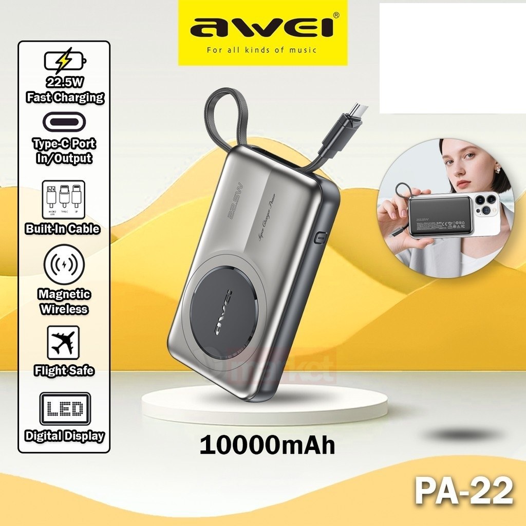 Power Bank Awei – Μαγνητική Ασύρματη Φόρτιση 10000mAh με Ενσωματωμένο Καλώδιο και Οθόνη LED Power Bank Awei – Μαγνητική Ασύρματη Φόρτιση 10000mAh με Ενσωματωμένο Καλώδιο και Οθόνη LED