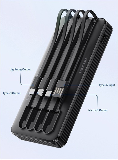 Power Bank - Φορητή Μπαταρία Φορτιστής 10000mAh με 4 Καλώδια Lightning, Type-C, Micro USB, USB - LED Ένδειξη Μπαταρίας - Awei P133K Μαύρο Power Bank - Φορητή Μπαταρία Φορτιστής 10000mAh με 4 Καλώδια Lightning, Type-C, Micro USB, USB - LED Ένδειξη Μπαταρίας - Awei P133K Μαύρο