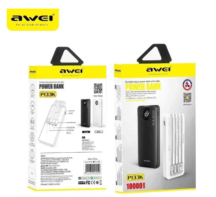 Power Bank - Φορητή Μπαταρία Φορτιστής 10000mAh με 4 Καλώδια Lightning, Type-C, Micro USB, USB - LED Ένδειξη Μπαταρίας - Awei P133K Μαύρο Power Bank - Φορητή Μπαταρία Φορτιστής 10000mAh με 4 Καλώδια Lightning, Type-C, Micro USB, USB - LED Ένδειξη Μπαταρίας - Awei P133K Μαύρο