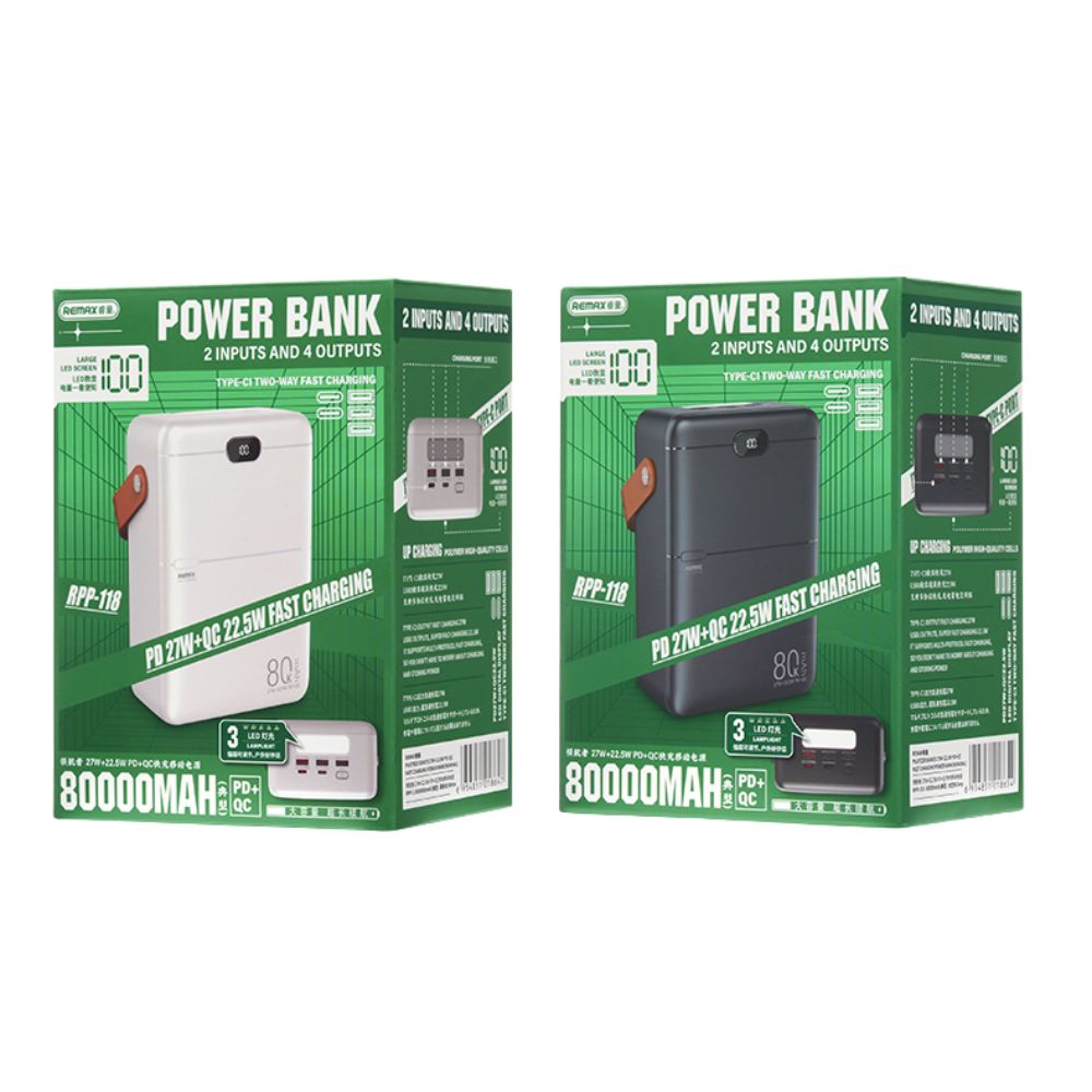 Power Bank REMAX 80000mAh – Γρήγορη Φόρτιση 27W PD και 22.5W QC - 4 Συσκευές, LED Οθόνη, Μεγάλη Χωρητικότητα Power Bank REMAX 80000mAh – Γρήγορη Φόρτιση 27W PD και 22.5W QC - 4 Συσκευές, LED Οθόνη, Μεγάλη Χωρητικότητα