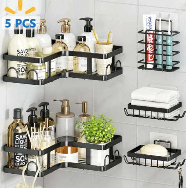 Σετ 2 Επιτοίχια Γωνιακά Αυτοκόλλητα Μεταλλικά Ράφια Μπάνιου-Κουζίνας & 3 Ραφάκια με Αυτοκόλλητο Μαύρο Σετ 2 Επιτοίχια Γωνιακά Αυτοκόλλητα Μεταλλικά Ράφια Μπάνιου-Κουζίνας & 3 Ραφάκια με Αυτοκόλλητο Μαύρο