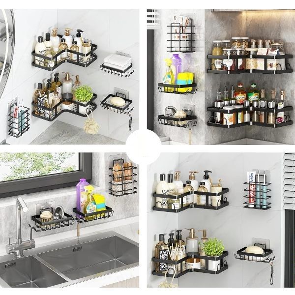 Σετ 2 Επιτοίχια Γωνιακά Αυτοκόλλητα Μεταλλικά Ράφια Μπάνιου-Κουζίνας & 3 Ραφάκια με Αυτοκόλλητο Μαύρο Σετ 2 Επιτοίχια Γωνιακά Αυτοκόλλητα Μεταλλικά Ράφια Μπάνιου-Κουζίνας & 3 Ραφάκια με Αυτοκόλλητο Μαύρο