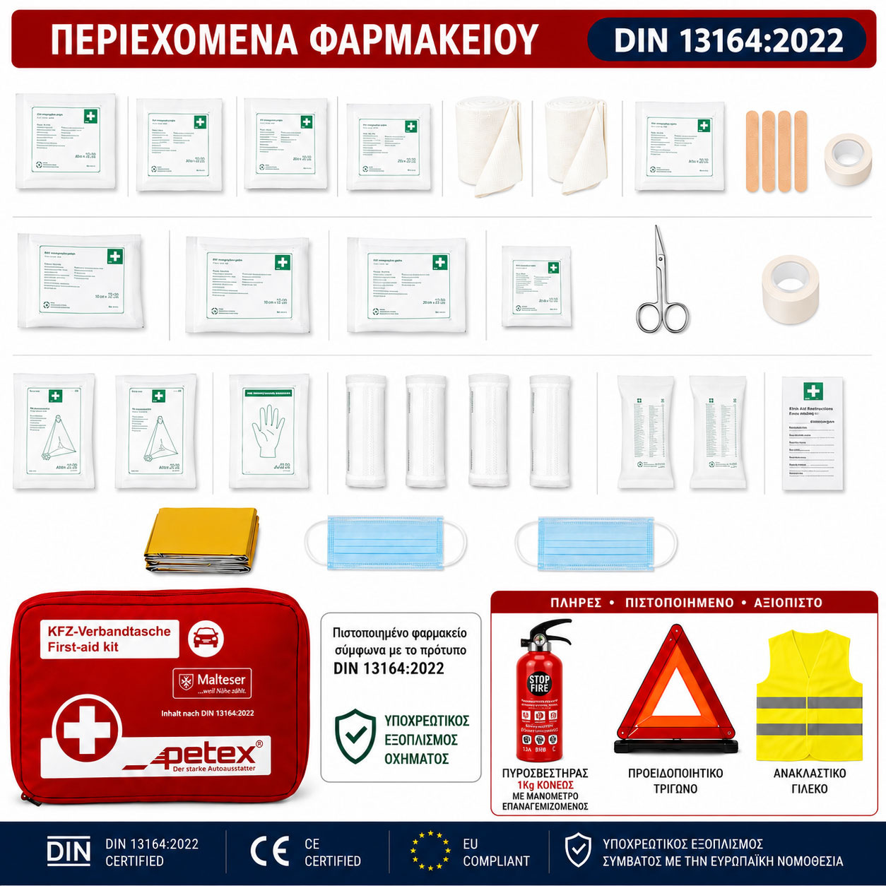 Σετ ΚΤΕΟ & Ασφαλείας Αυτοκινήτου 4 σε 1 Φαρμακείο DIN 13164:2022 + Πυροσβεστήρας Κόνεως 1Kg/55B + Προειδοποιητικό Τρίγωνο + Ανακλαστικό Γιλέκο Σετ ΚΤΕΟ & Ασφαλείας Αυτοκινήτου 4 σε 1 Φαρμακείο DIN 13164:2022 + Πυροσβεστήρας Κόνεως 1Kg/55B + Προειδοποιητικό Τρίγωνο + Ανακλαστικό Γιλέκο