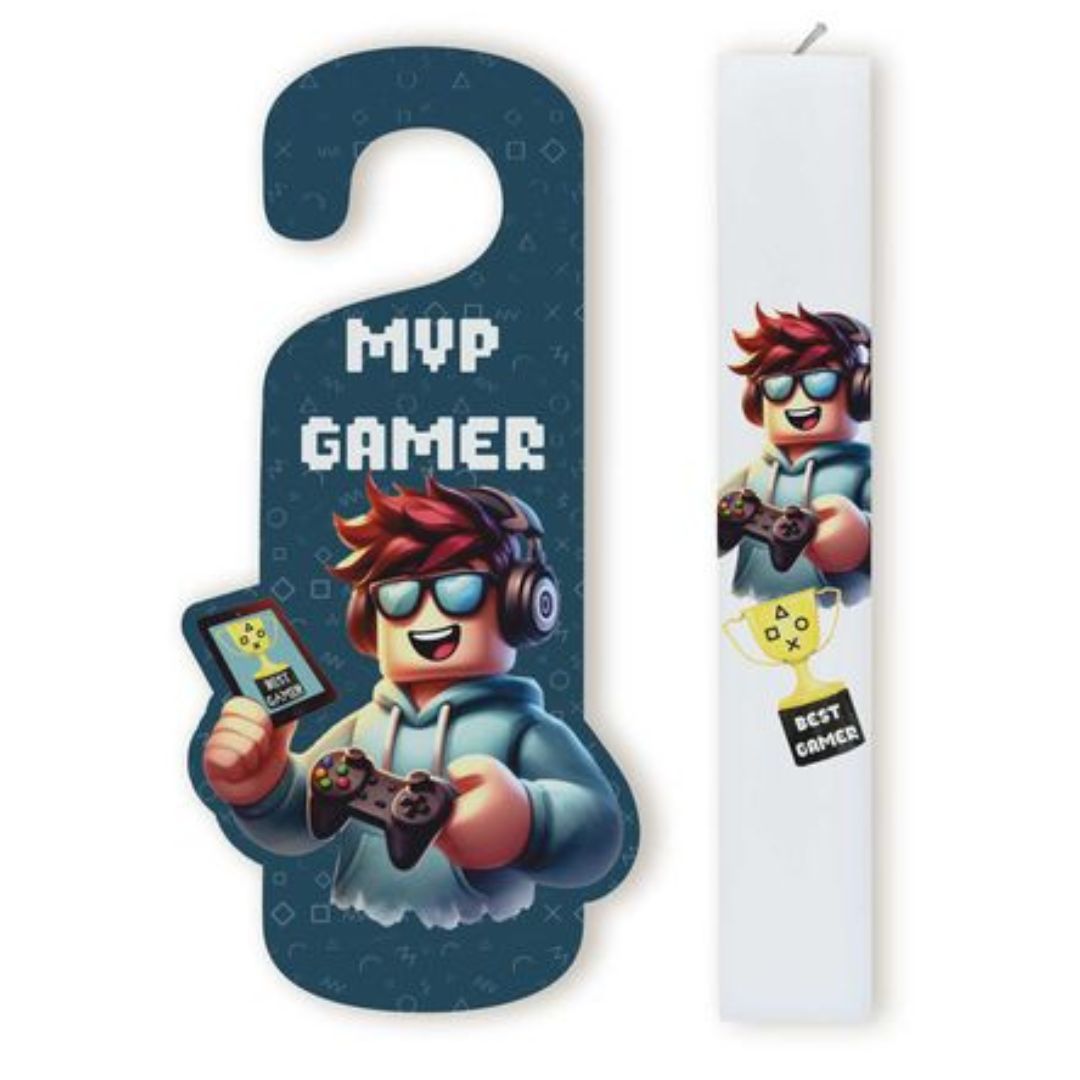 Σετ Πασχαλινή Λαμπάδα με Εκτύπωση ΄΄MVP Gamer΄΄ με Ξύλινο Καδράκι Πόρτας Σετ Πασχαλινή Λαμπάδα με Εκτύπωση ΄΄MVP Gamer΄΄ με Ξύλινο Καδράκι Πόρτας