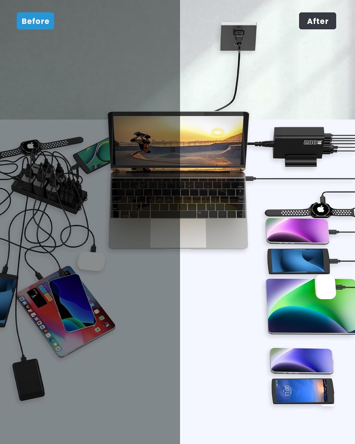Σταθμός Γρήγορης Φόρτισης 200W, Φορτιστής USB Type-C Fast Charger 6 θυρών για Πολλαπλές Συσκευές - Andowl Σταθμός Γρήγορης Φόρτισης 200W, Φορτιστής USB Type-C Fast Charger 6 θυρών για Πολλαπλές Συσκευές - Andowl