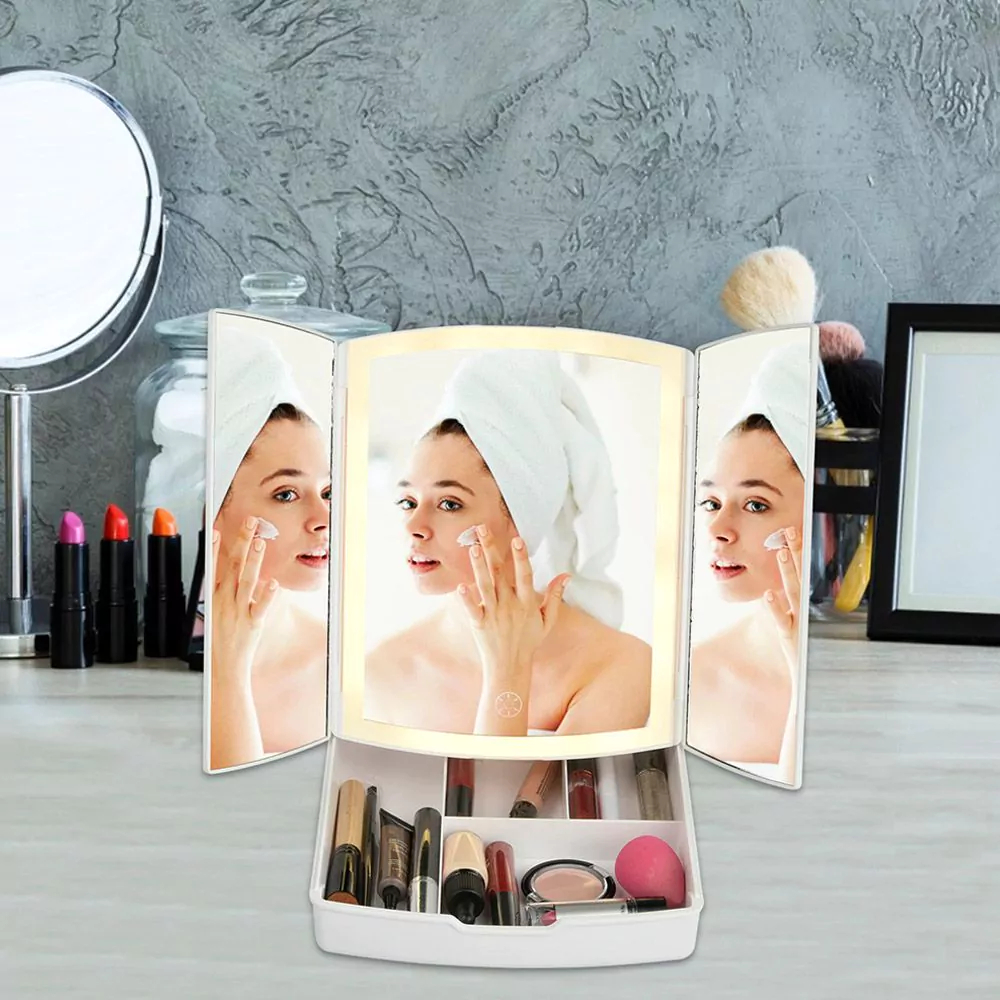 Τριπλός Καθρέφτης Μπαταρίας 5x Μεγέθυνσης με Φωτισμό LED και Αποθηκευτικό Χώρο Make-Up – Λευκό Τριπλός Καθρέφτης Μπαταρίας 5x Μεγέθυνσης με Φωτισμό LED και Αποθηκευτικό Χώρο Make-Up – Λευκό