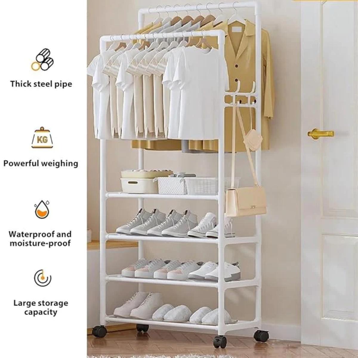 Τροχήλατη Διπλή Μεταλλική Κρεμάστρα Δαπέδου με 5 Ράφια Οργάνωσης Ρούχων & Παπουτσιών 188x56x33 cm Τροχήλατη Διπλή Μεταλλική Κρεμάστρα Δαπέδου με 5 Ράφια Οργάνωσης Ρούχων & Παπουτσιών 188x56x33 cm