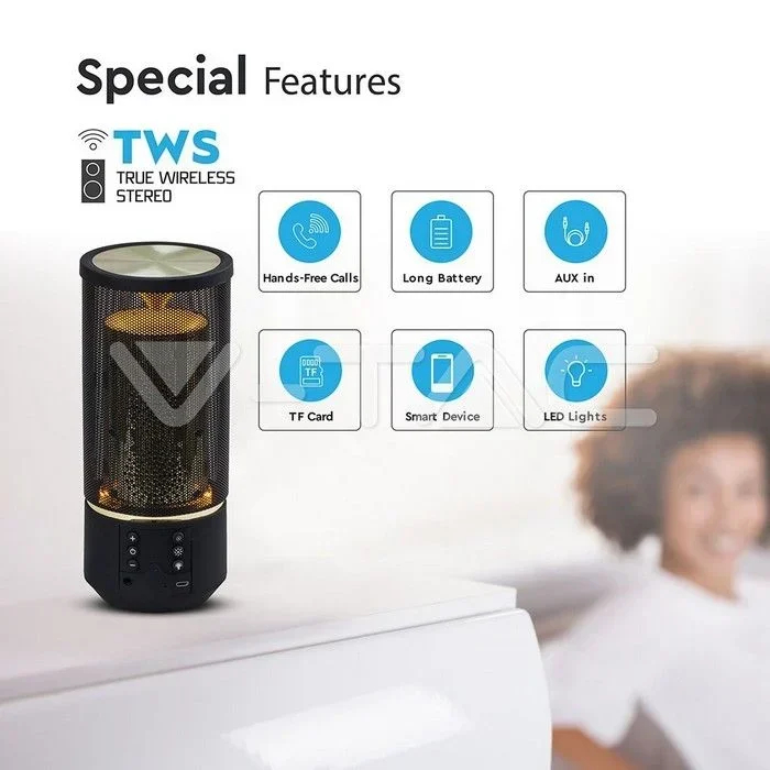 V-TAC Φορητό Ηχείο Bluetooth 6W Επαναφορτιζόμενο 1200mAh με LED 6 επίπεδα φωτισμού και εφέ φλόγας (TWS Function ) Μαύρο V-TAC Φορητό Ηχείο Bluetooth 6W Επαναφορτιζόμενο 1200mAh με LED 6 επίπεδα φωτισμού και εφέ φλόγας (TWS Function ) Μαύρο