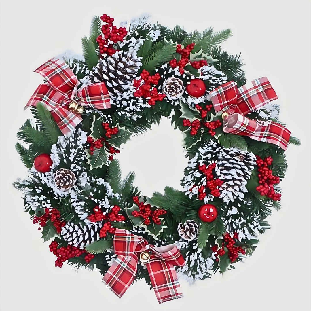 Χριστουγεννιάτικο Στεφάνι με Καρό Κορδέλες και Κουκουνάρια 30cm Χριστουγεννιάτικο Στεφάνι με Καρό Κορδέλες και Κουκουνάρια 30cm